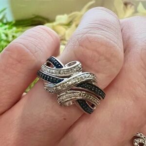 Vintage Blue and White Diamond Crossover style ring. Solid 925 Sterling Silver.